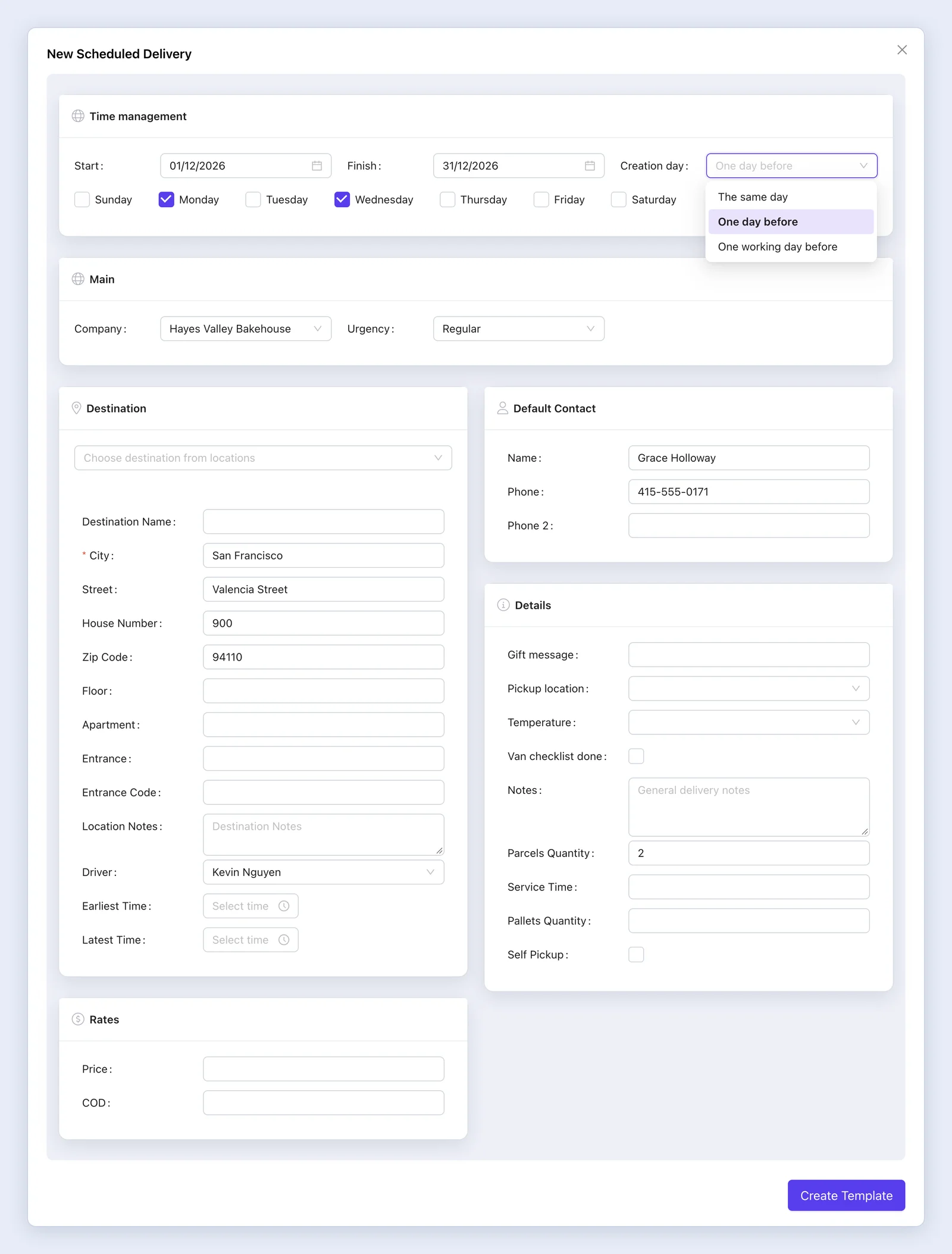 Screenshot: Creating a New Scheduled Delivery