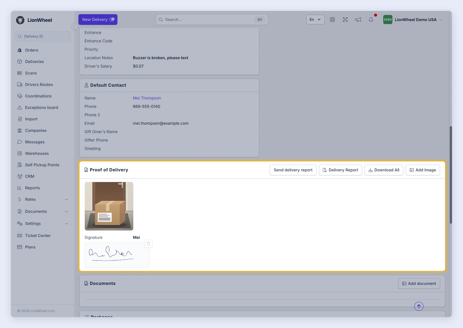 Screenshot: the Proof of Delivery card on the delivery page