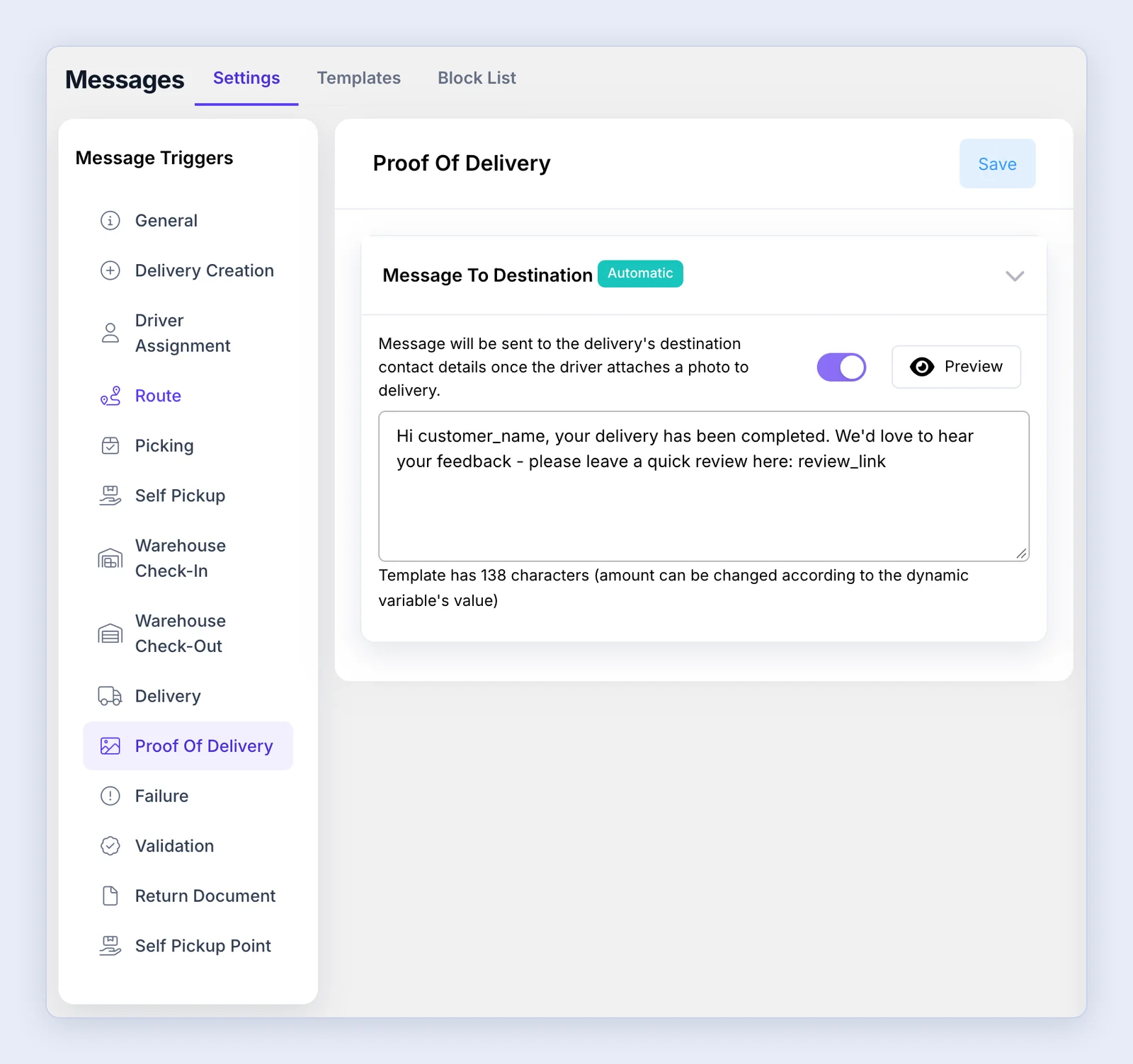 Screenshot: Sending an SMS with a review link