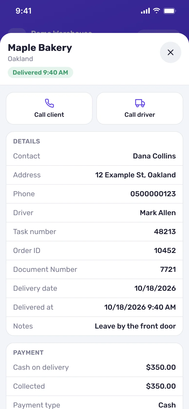 Phone screenshot: Details of a delivered delivery