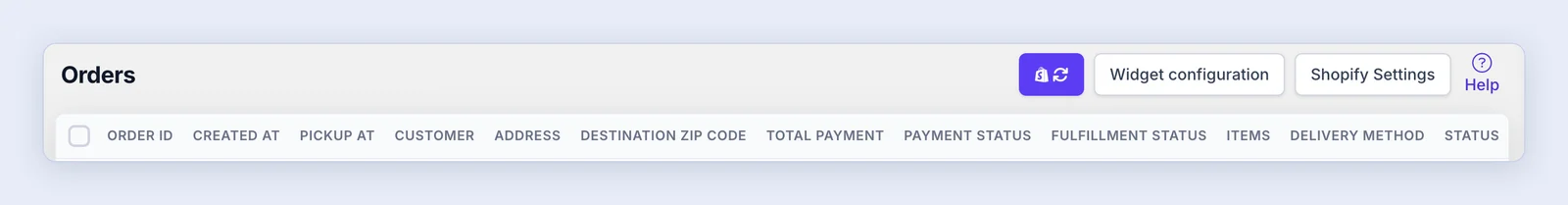 Screenshot: The Orders page with the Shopify Settings button