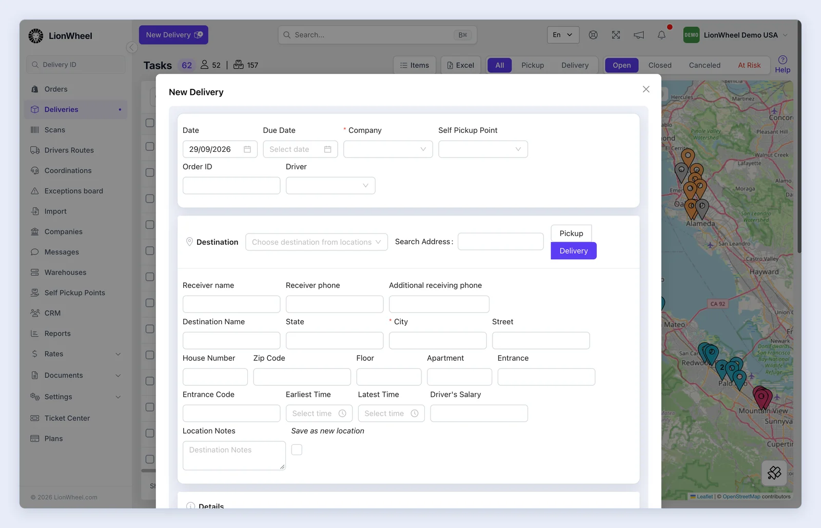 Screenshot: The New Delivery button and form