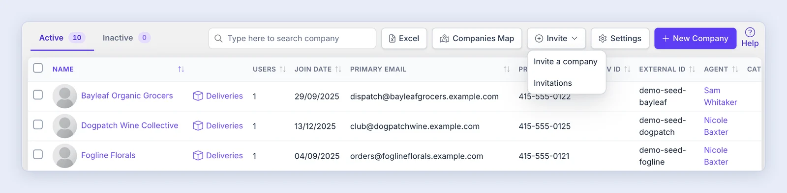 Screenshot: Companies Interface