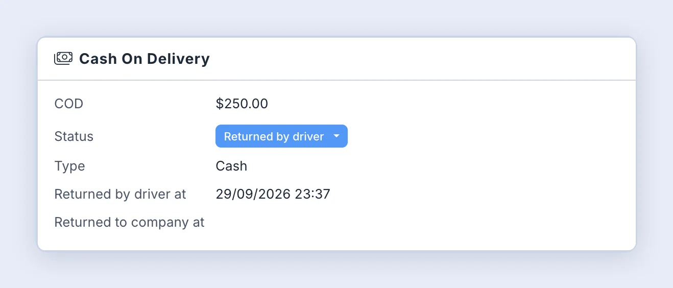 Screenshot: The Cash On Delivery card on the delivery page