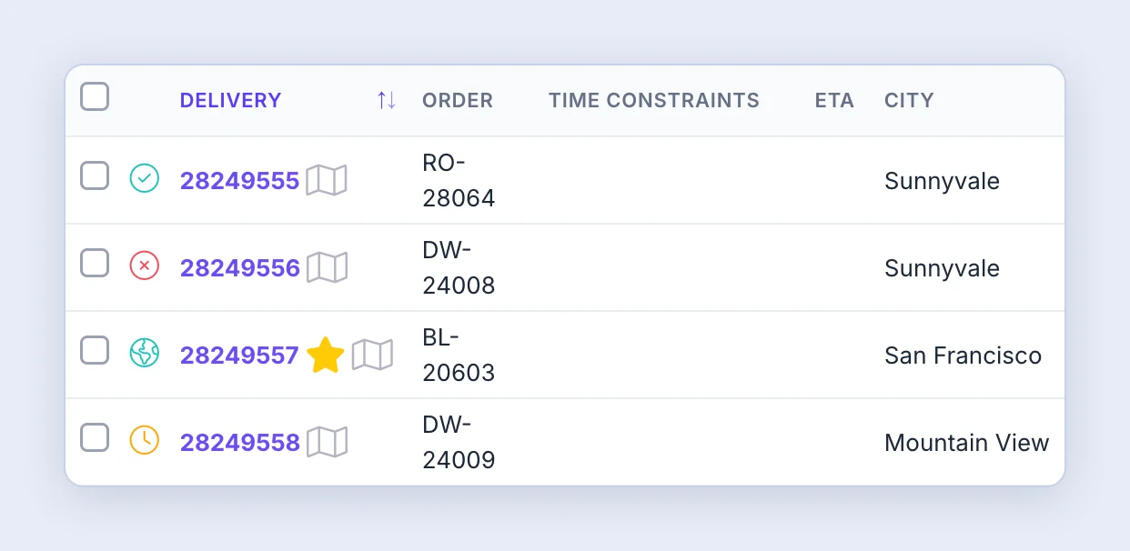 Screenshot: Verification status icons next to delivery IDs in the table