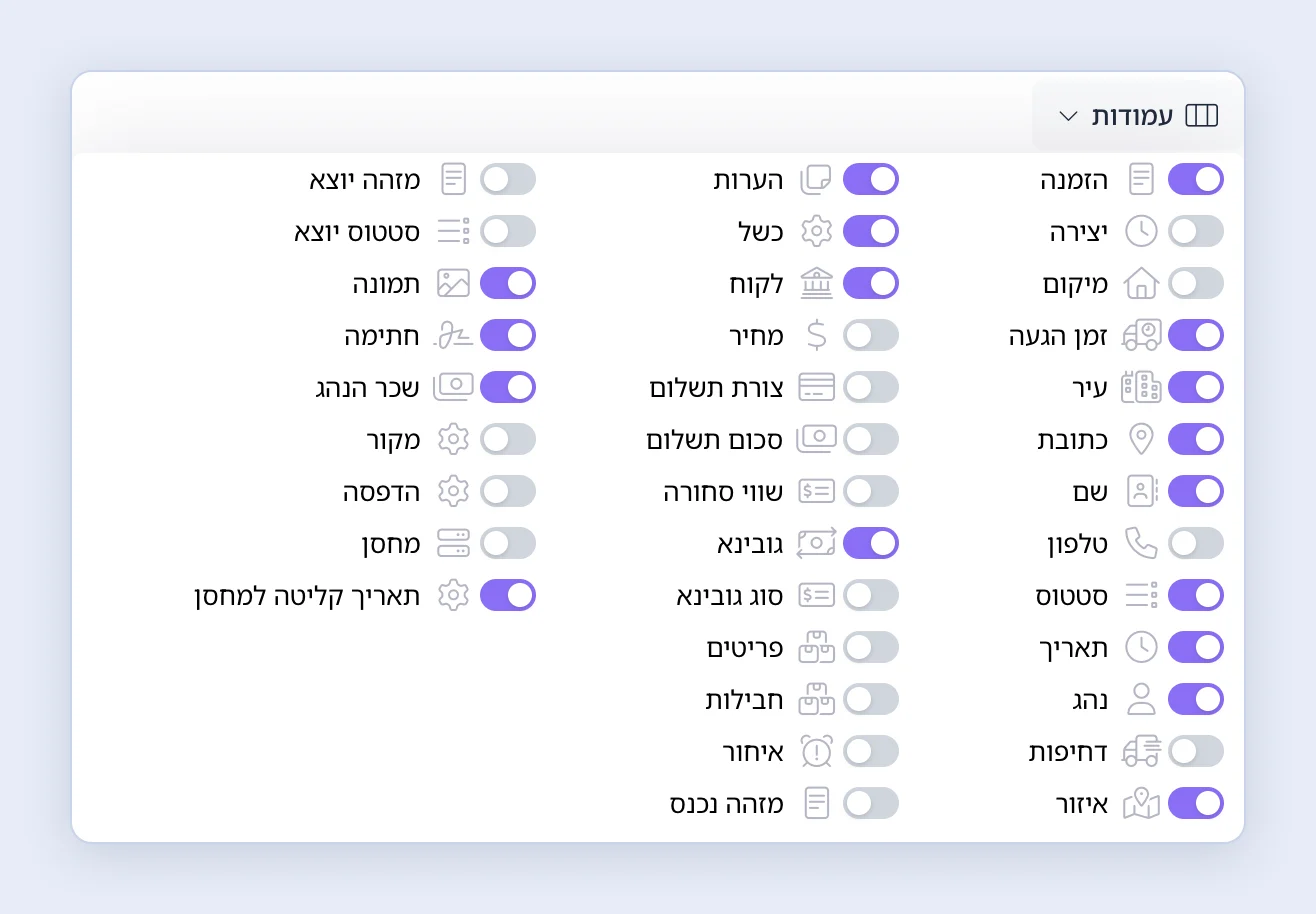 צילום מסך: הוספת עמודת גוביינא למסך המשלוחים