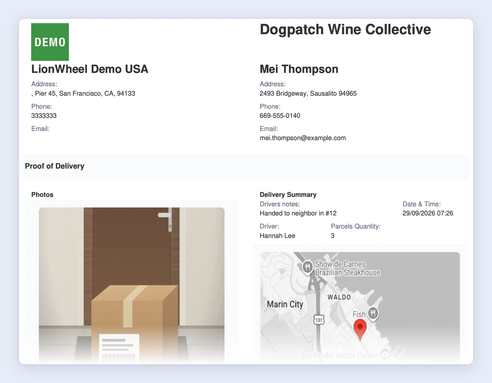 Screenshot: a delivery report