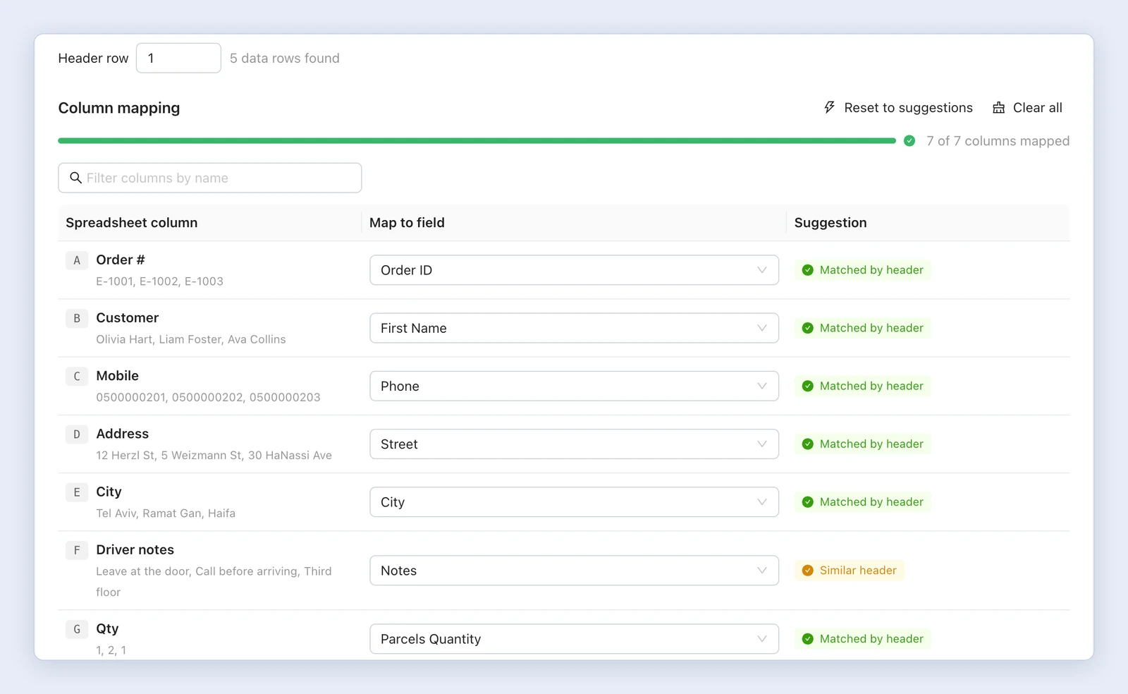 Screenshot: Column mapping with suggestions