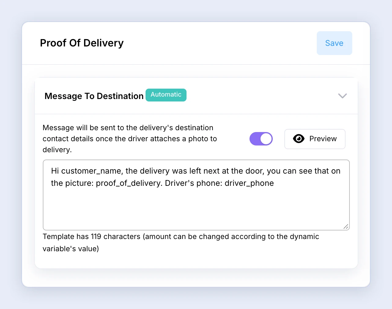 Screenshot: Proof of delivery message on the SMS page