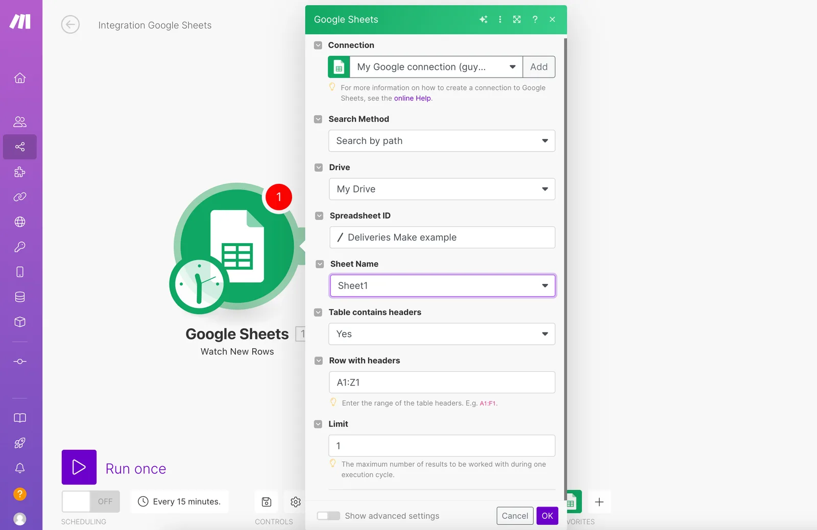 צילום מסך: דוגמה - חיבור ל Google Sheets