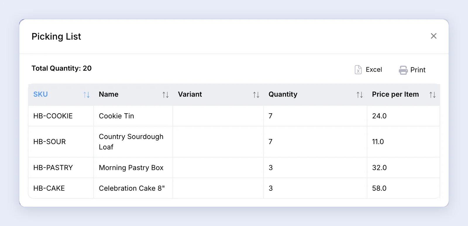 Screenshot: Picking List