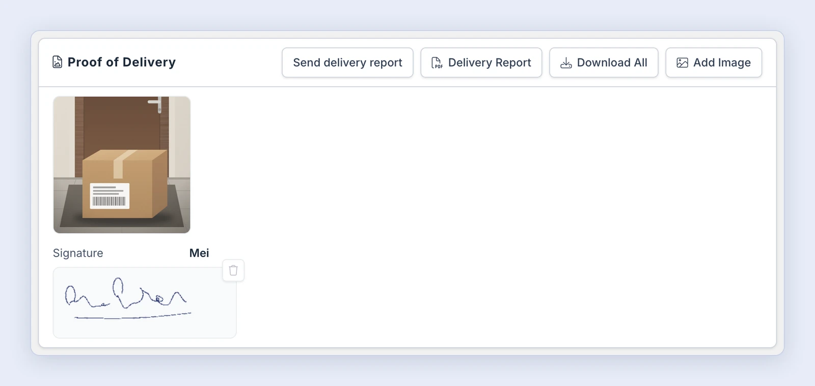 Screenshot: the Proof of Delivery card with a photo, a signature and its buttons