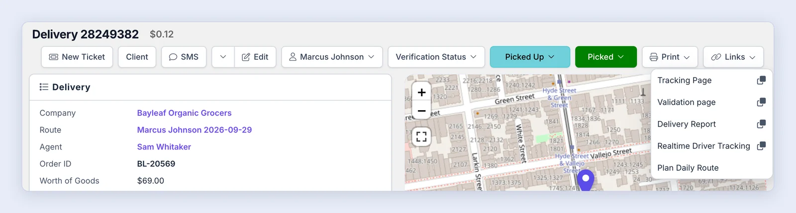 Screenshot: The Links button on the delivery page