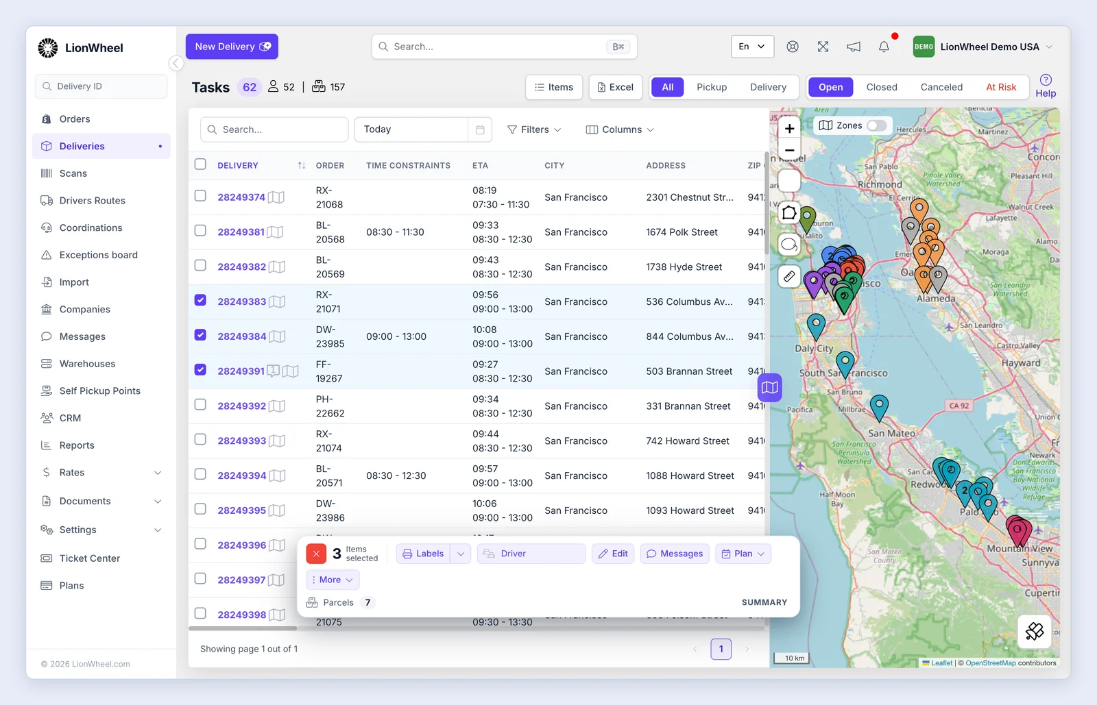 Screenshot: The Deliveries page with the list and the map