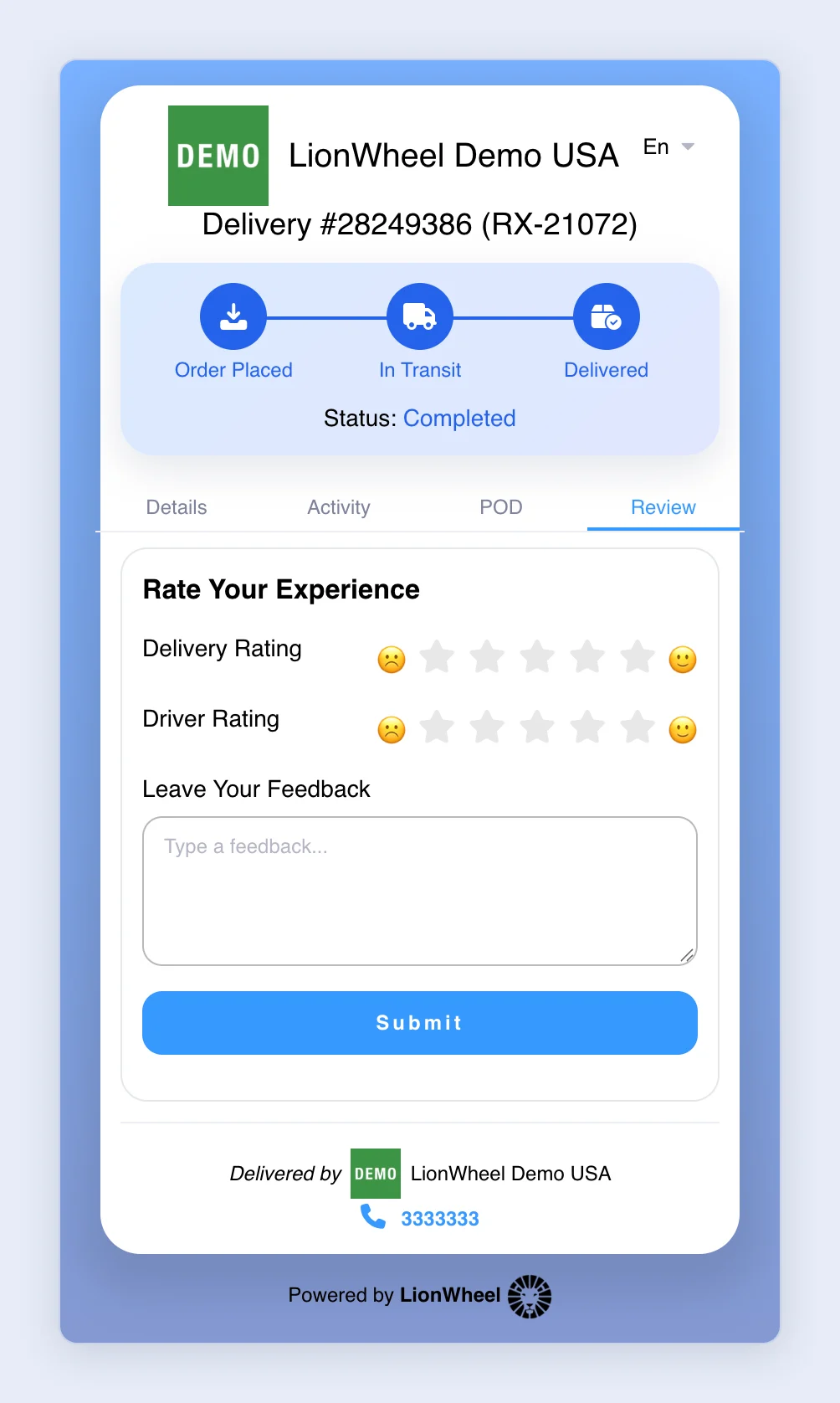 Screenshot: The Review tab on the tracking page