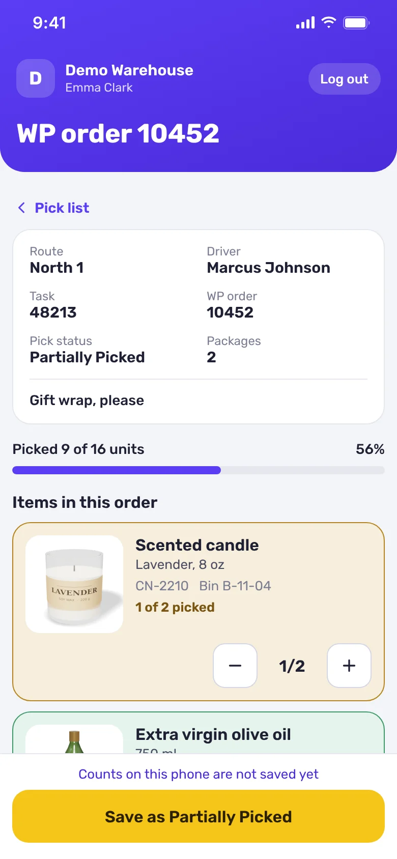 Phone screenshot: An open order with its details and items