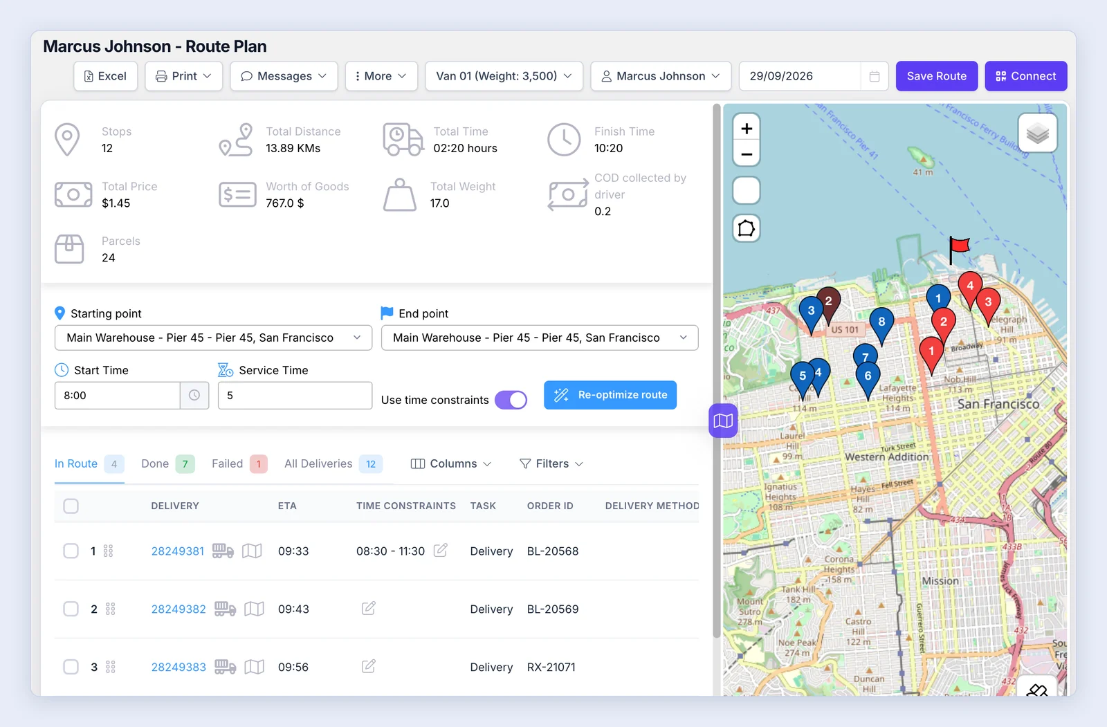 Screenshot: A driver route plan after optimization