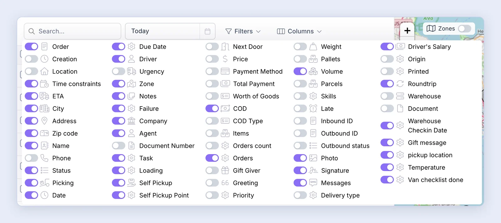 Screenshot: Adding a COD column to the Deliveries page