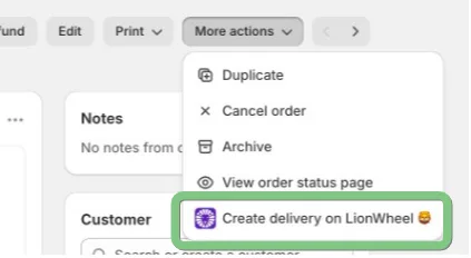 Screenshot: Manual Delivery Creation Through Shopify