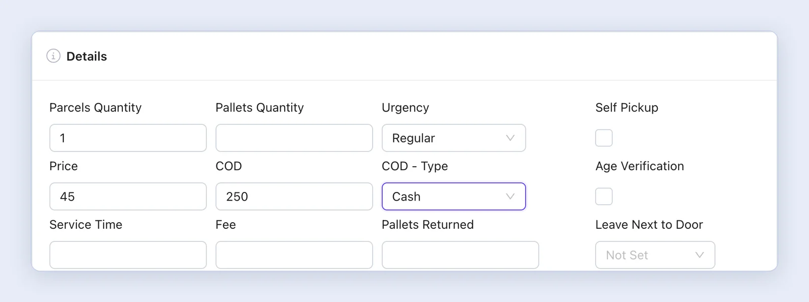Screenshot: COD amount and type in the New Delivery form