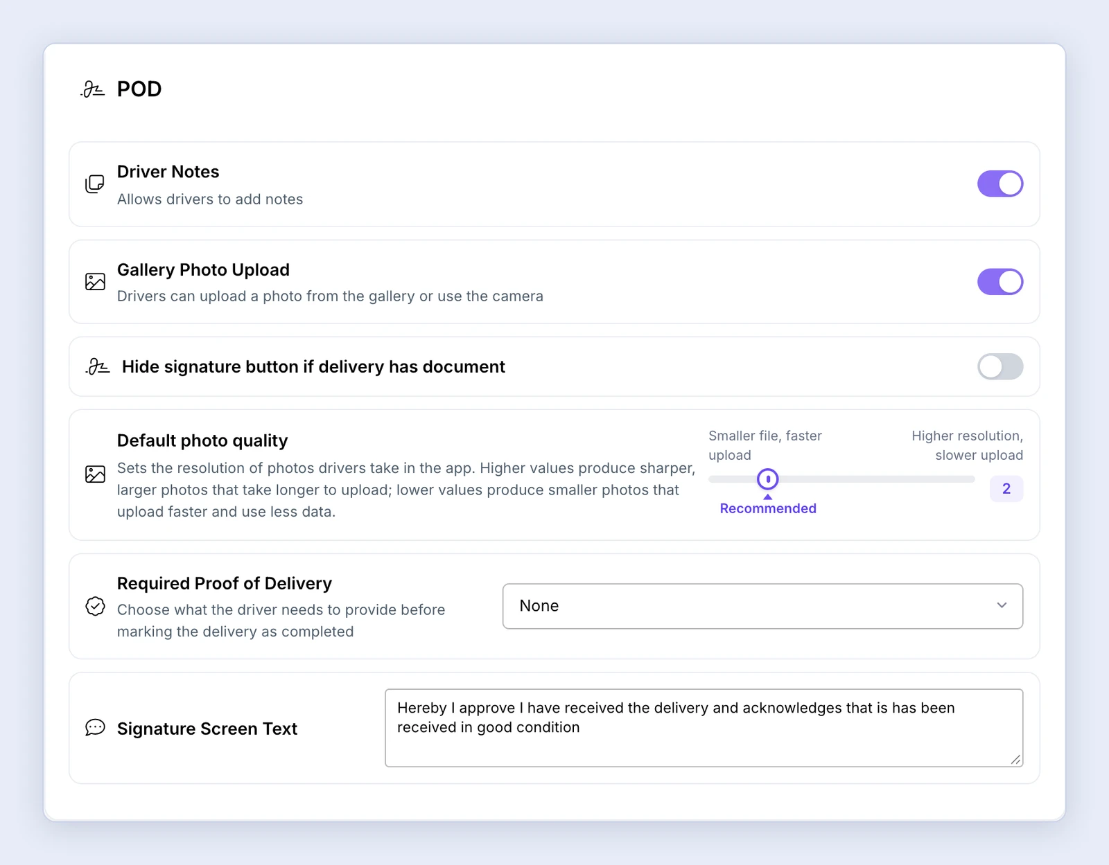 Screenshot: POD settings
