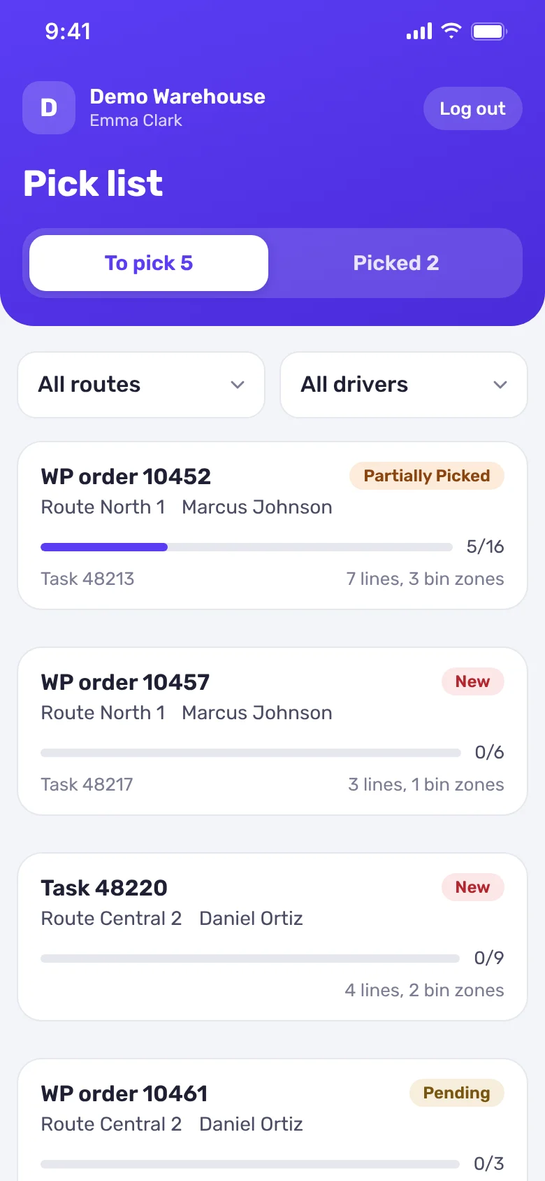Phone screenshot: Pick lists in the picking app