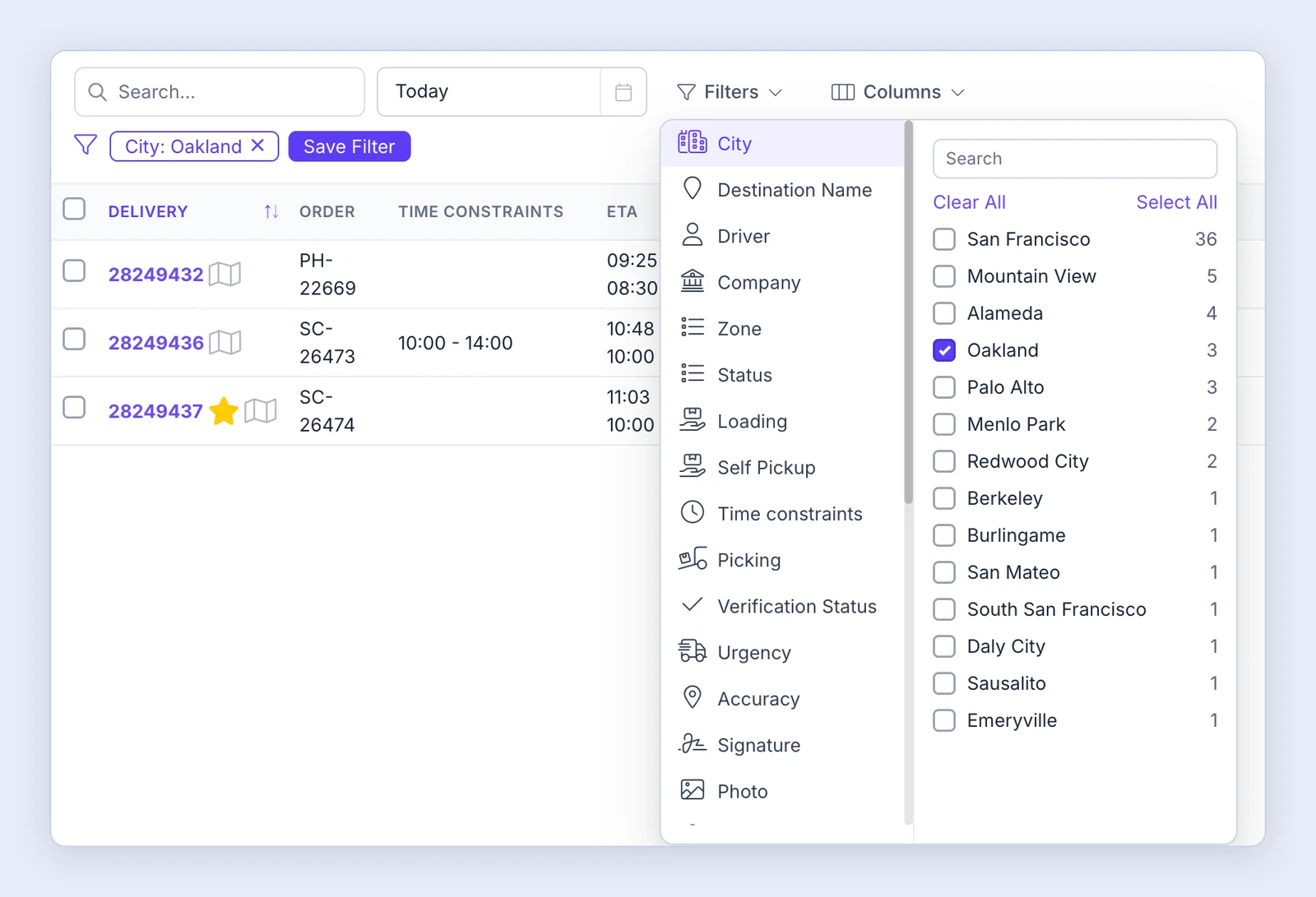 Screenshot: Filtering deliveries by city