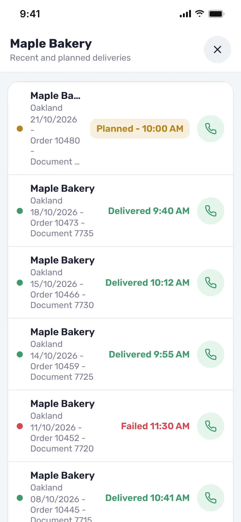Phone screenshot: A client's delivery history