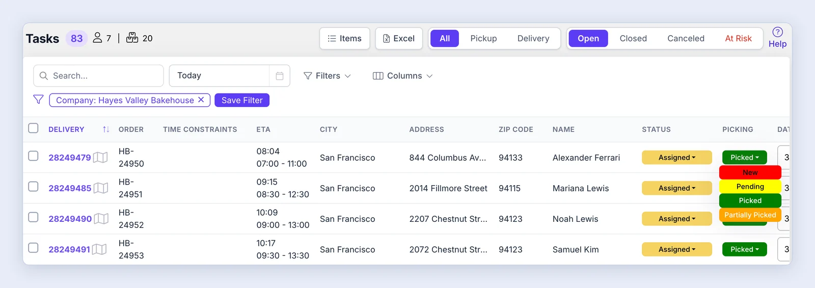 Screenshot: Picking from the Deliveries Page