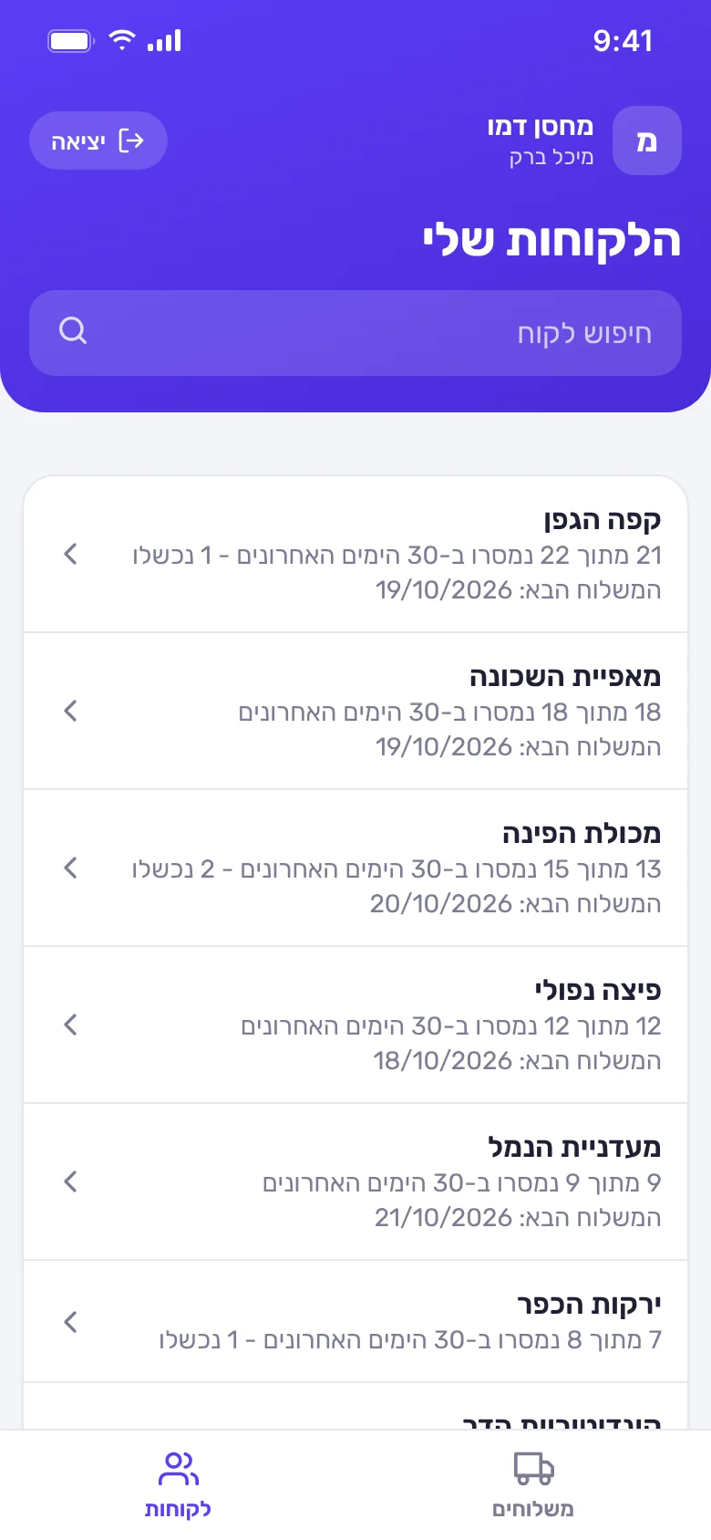 צילום מסך בטלפון: רשימת הלקוחות של הסוכן