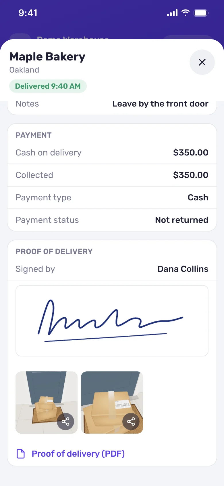 Phone screenshot: Payment and proof of delivery with signature and photos