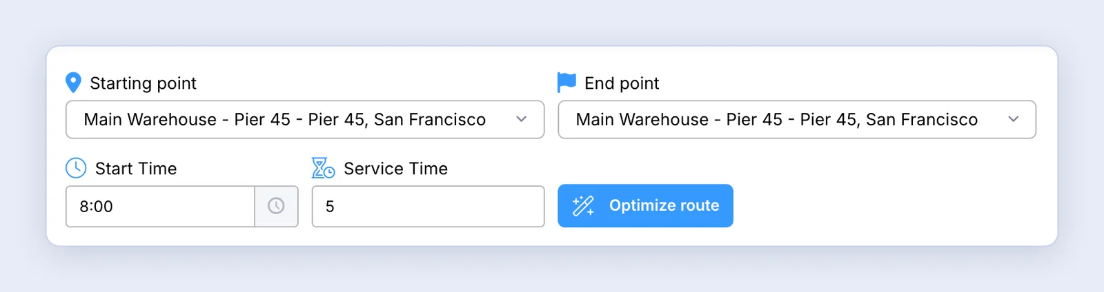 Screenshot: Define Route's Parameters