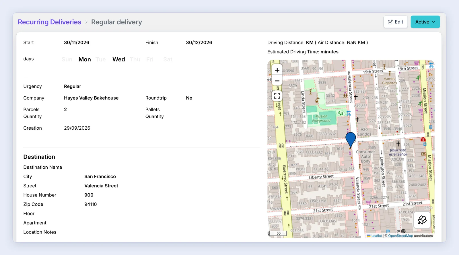 Screenshot: Recurring delivery page