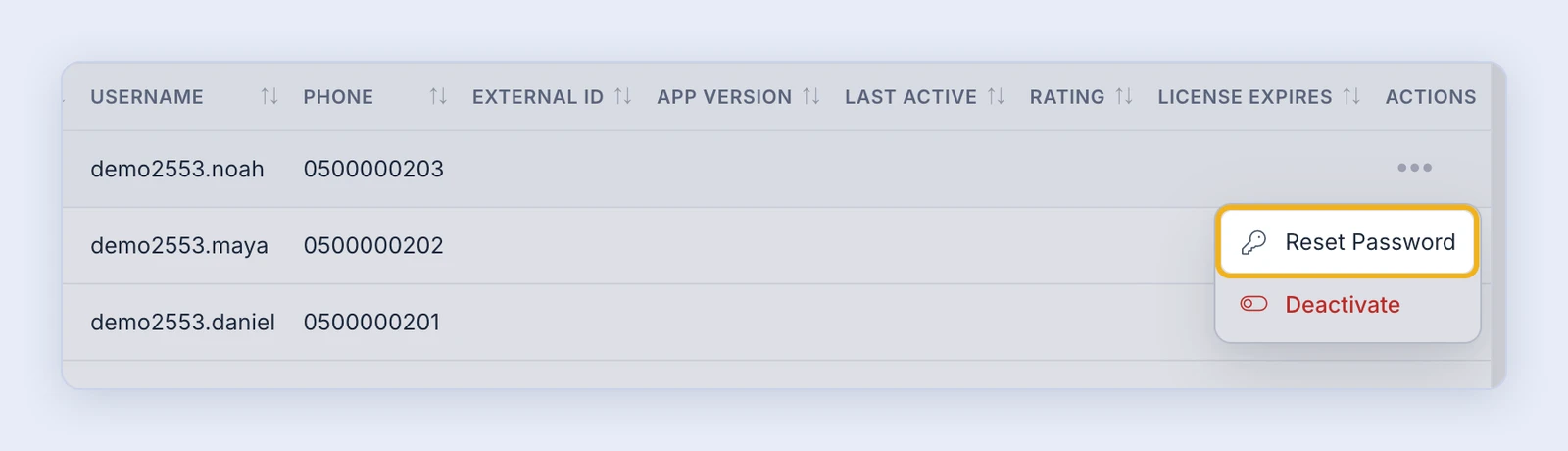 Screenshot: Reset Password on the Drivers page