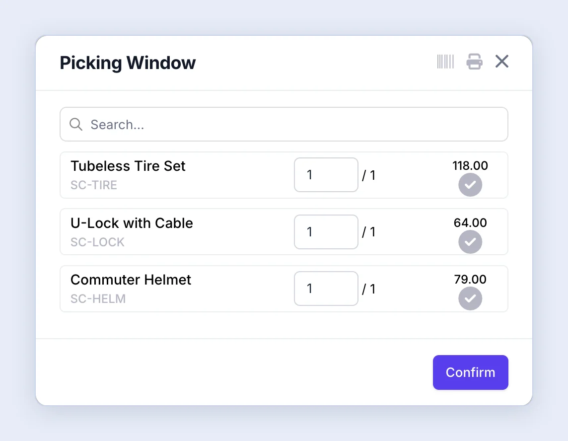Screenshot: Item-level picking from the Delivery page