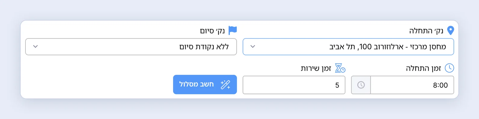 צילום מסך: נקודות התחלה וסיום, זמנים וחישוב המסלול