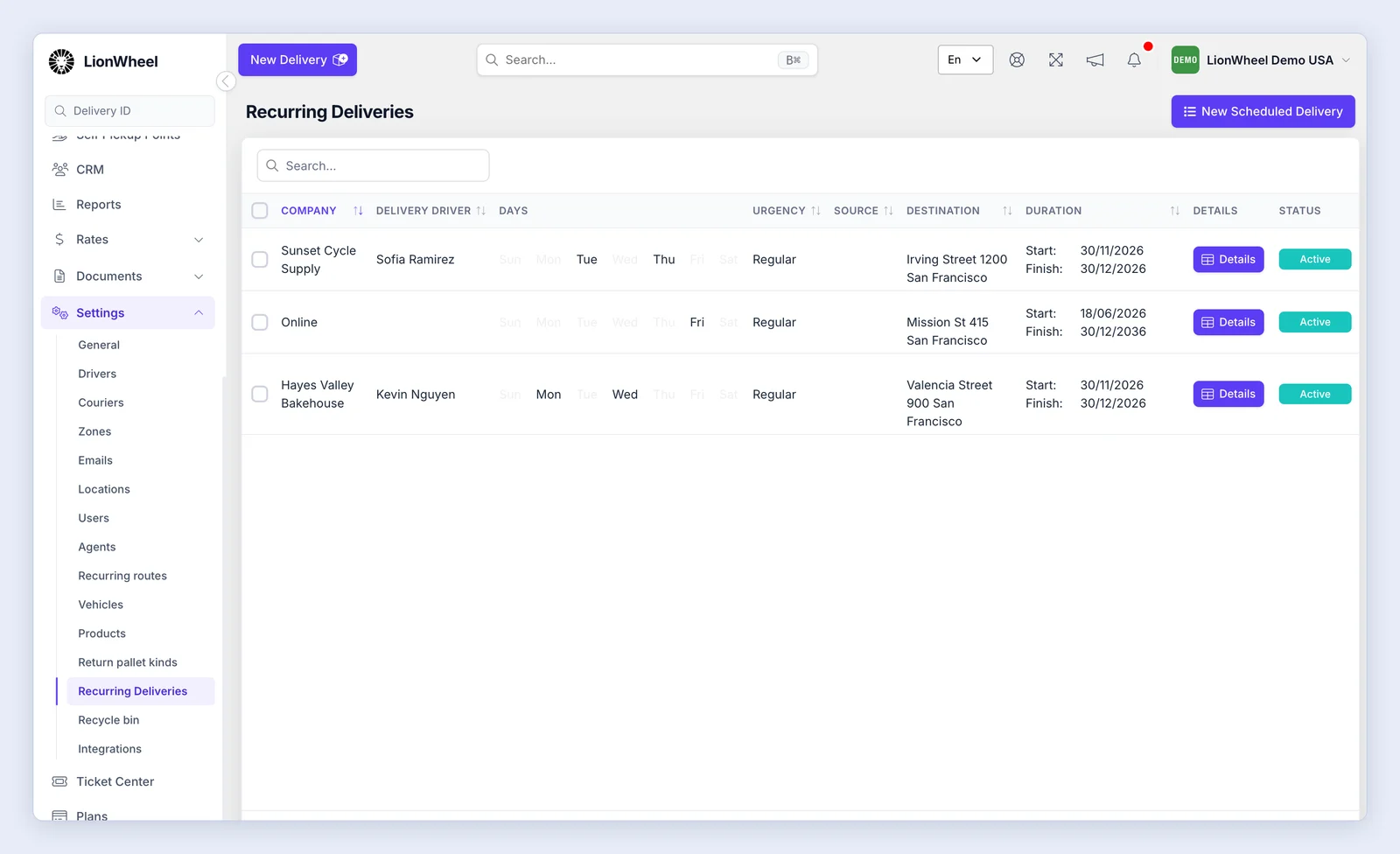 Screenshot: Recurring Deliveries