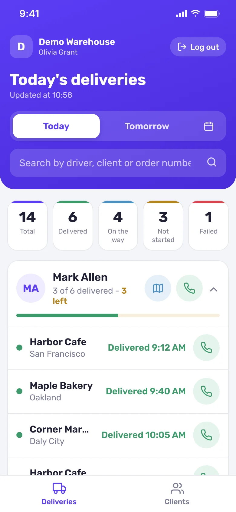 Phone screenshot: Today's deliveries in the agent app