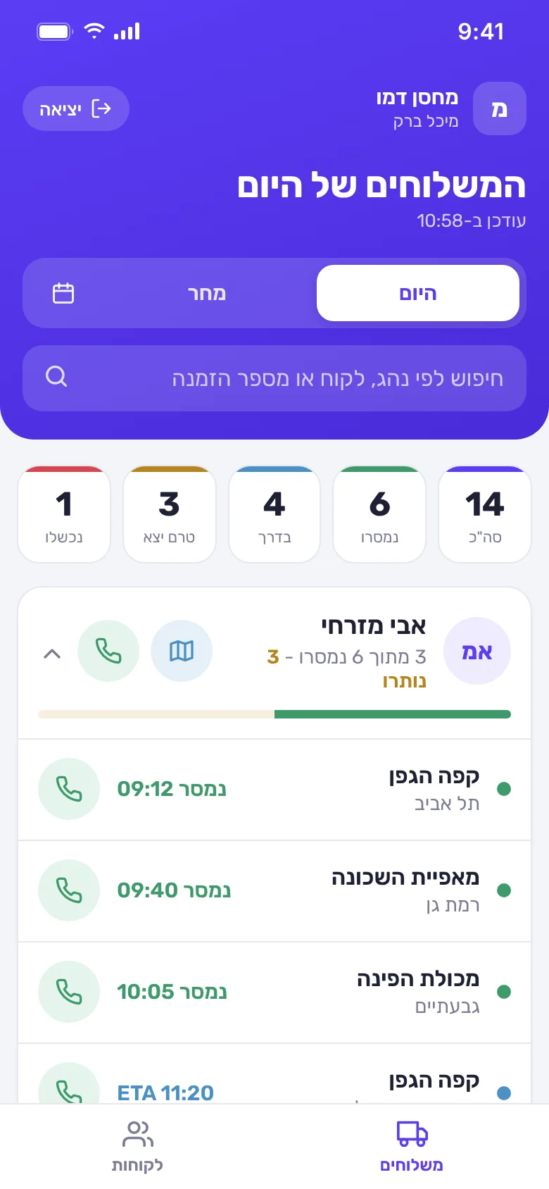 צילום מסך בטלפון: המשלוחים של היום באפליקציית הסוכן