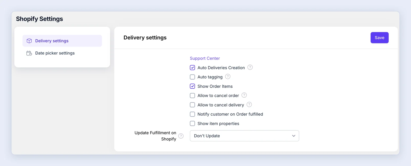 Screenshot: Shopify Settings, Delivery settings